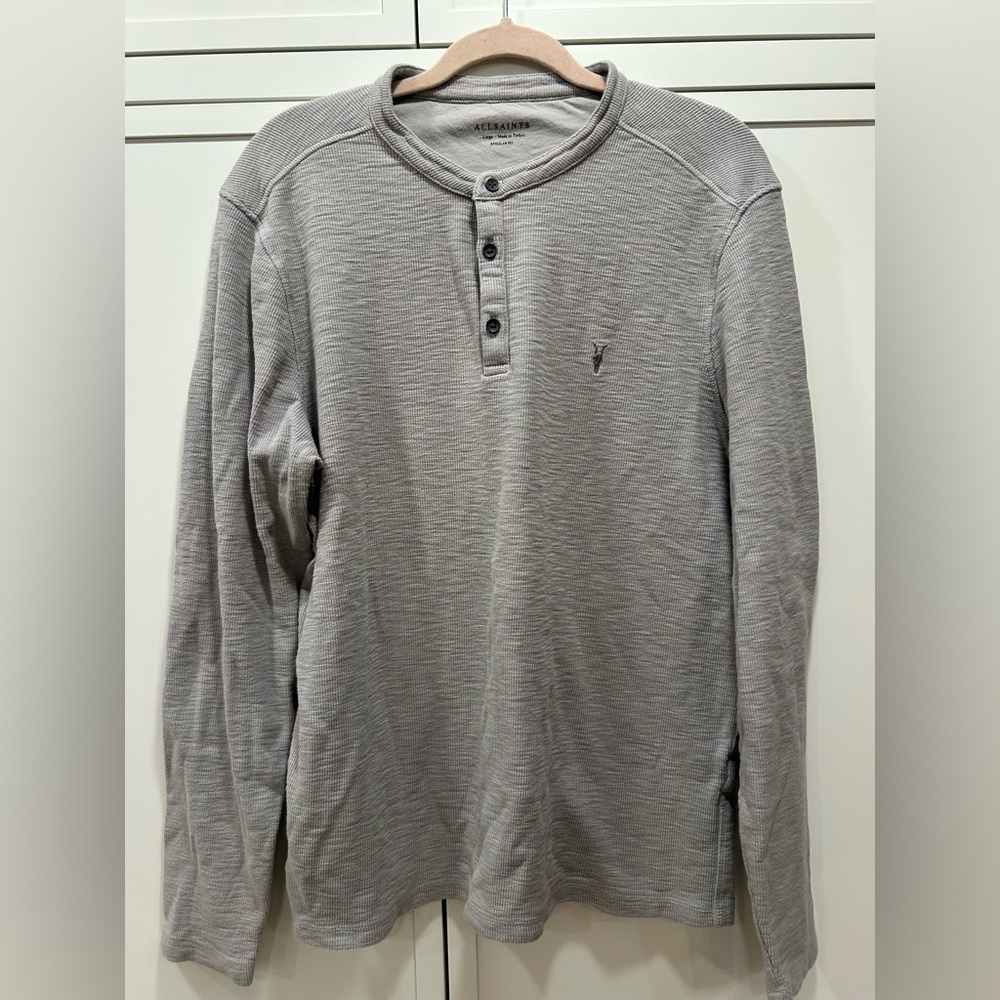 AllSaints Taupe Waffle Knit Henley Shirt Size Large | Long Sleeve Minimalist